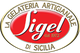 Logo della Gelateria Artigianale Sigel di Sicilia, con scritte su sfondo bianco e rosso.