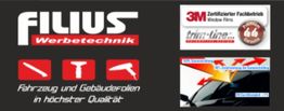 Werbetechnik-Anzeige mit Logos, Text und Symbolen für Fahrzeug- und Gebäudefolien in hoher Qualität.