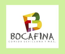 Logotipo colorido del restaurante Bocafina, con el texto "Comida sevillana y más...".
