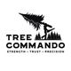 Silhouette of lumberjack carrying a tree, labeled "Tree Commando: Strength, Trust, Precision."