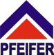 Firmenlogo mit violetter und roter Dreiecksform, darunter der Text "PFEIFER".