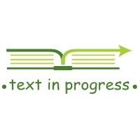 Offenes Buch mit Pfeil und Text: "text in progress" in grüner Schrift.