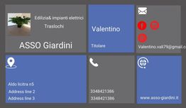 Biglietto da visita di ASSO Giardini con contatti, indirizzo e icone social.
