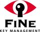 Logo mit rotem Auge, Schlüsselloch in der Mitte und Text: "FiNe KEY MANAGEMENT".