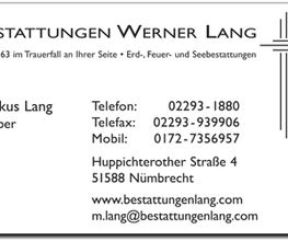 Die Visitenkarte von Markus Lang: Geschäftsführer und Inhaber von \"Bestattungen Werner Lang\"