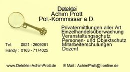 Visitenkarte für Detektei Achim Prott mit Kontaktdaten und Dienstleistungen, Lupenbild links.