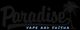 Schwarzes "Paradise" Logo mit Palme und blauem Text: "Vape and Shisha".