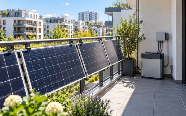 Solarmodule am Geländer eines Balkons befestigt und mit angeschlossenen Stromspeicher verbunden, der den selbst erzeugten Solarstrom für den späteren Verbrauch im Haushalt speichert.