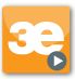 Orange Logo mit weißem Text "3e" und grauem Play-Button in der Ecke.