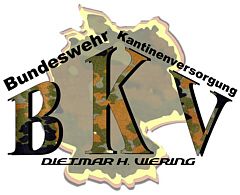 Logo mit den Buchstaben BKV, Bundeswehr-Kantinenversorgung, vor Deutschland-Silhouette.