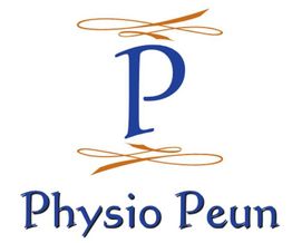 Logo von "Physio Peun" mit blauem Buchstaben "P" und orangen Verzierungen.