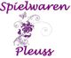 Logo mit Schriftzug "Spielwaren Pleuss" und violetten Verzierungen.
