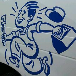 Cartoon plumber jumping with a wrench and toolbox, blue on a white background.