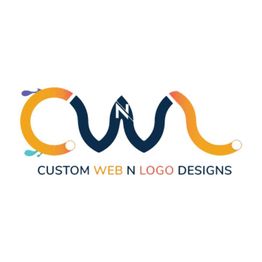 Logo of "Custom Web N Logo Designs" with colorful, wavy letters on a white background.