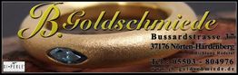 Goldener Ring mit blauem Edelstein, Text: "B. Goldschmiede, Bussardstr. 37, Nörten-Hardenberg".