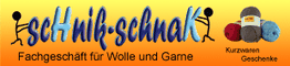 Schnik-schnak: Fachgeschäft für Wolle, Garne, Kurzwaren und Geschenke mit Garnrollen-Bild.
