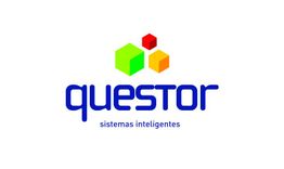 Logo da Questor, com cubos coloridos e a frase "sistemas inteligentes" em azul.