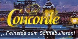 Gelbes Concorde-Logo vor abendlicher Stadtkulisse, Text: "Feinstes zum Schnabulieren!".