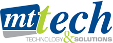 Logo con la scritta "mt tech" in caratteri blu e verdi su sfondo grigio e blu.