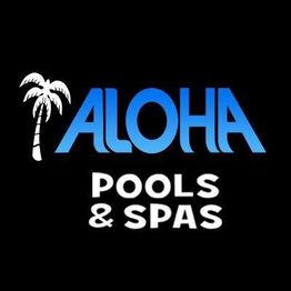 Aloha Pools & Spas logo with a palm tree on a black background.