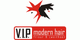 Logo von V.I.P. modern hair mit stilisierter roter und schwarzer Figur.