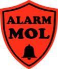 Rotes Schild mit "ALARM MOL" und Glockensymbol in Schwarz.