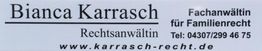 Visitenkarte von Bianca Karrasch, Fachanwältin für Familienrecht mit Website und Telefonnummer.