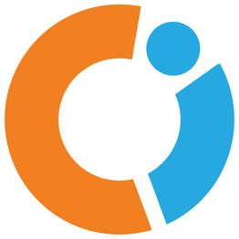 Orange and blue abstract logo with circular shapes and a central dot.