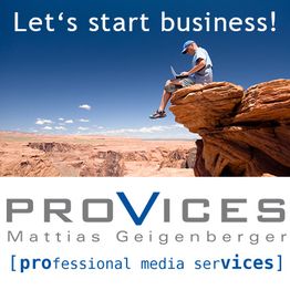 Mann auf Felsen mit Laptop, Text: "Let's start business!" und "PROVICES professional media services".