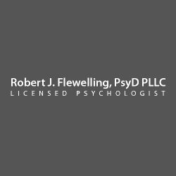 Gray background with text: Robert J. Flewelling, PsyD PLLC, Licensed Psychologist.