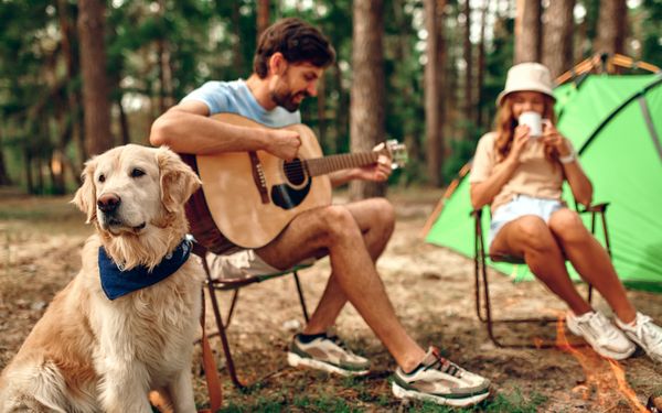 Ein Paar campt auf einem hundefreundlichen Campingplatz mit ihrem Golden Retriever.