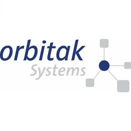 Logo von Orbitak Systems mit einem blauen Knotenpunktsymbol rechts.