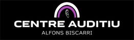 Logotipo de Centre Auditiu Alfons Biscarri con un diseño de oído y arco en fondo negro.
