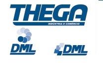 Logos da THEGA Indústria e Comércio e DML com diferentes designs em azul.