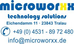 Logo von Microworx, mit Kontaktinformationen und Telefon in blau und gelb.