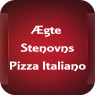 Rød baggrund med teksten "Ægte Stenovns Pizza Italiano" i hvidt.