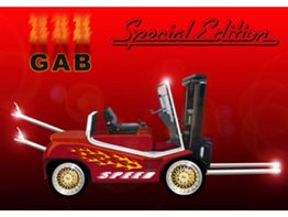 Roter Gabelstapler mit Flammen und "Special Edition"-Schriftzug auf rotem Hintergrund.