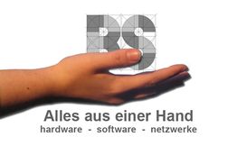 Hand mit Buchstaben "RS", Text: "Alles aus einer Hand, hardware - software - netzwerke".