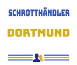 Text: "Schrotthändler Dortmund" mit blauen und gelben Linien und Figuren.