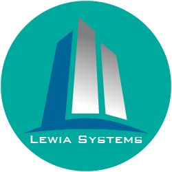 Logo mit drei angedeuteten Hochhäusern und dem Text "Lewia Systems" auf grünem Hintergrund.