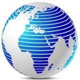 Illustration eines blauen, gestreiften Globus mit weißen Kontinenten.