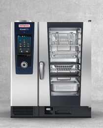 Industrie-oven met glazen deur en meerdere rekken, zilver en zwart ontwerp.