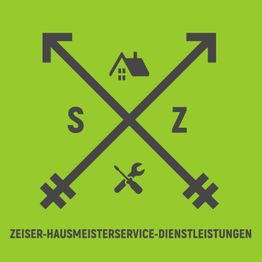 Logo von Zeiser-Hausmeisterservice mit gekreuzten Pfeilen, Schlüssel und Werkzeug auf grünem Hintergrund.