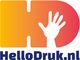 Logo van HelloDruk.nl met een gestileerde hand op een oranje-rode achtergrond.