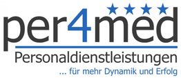 Logo mit Text "per4med Personaldienstleistungen ... für mehr Dynamik und Erfolg", vier Sterne oben.