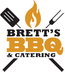 Logo of Brett's BBQ & Catering with utensils and fire symbol.
