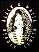 Schwarz-Weiß-Zeichnung einer Frau mit lockigem Haar, umgeben von "Black & White Beauty Center".