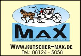 Pferdekutsche mit Fahrer, Text "Max", Webseite und Telefonnummer für Kutschendienst.