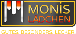Logo "Monis Lädchen", Text: "Gutes. Besonders. Lecker.", in gelber und roter Schrift auf schwarzem Hintergrund.