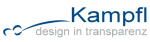 Logo mit blauem Schriftzug "Kampfl" und Slogan "design in transparenz".